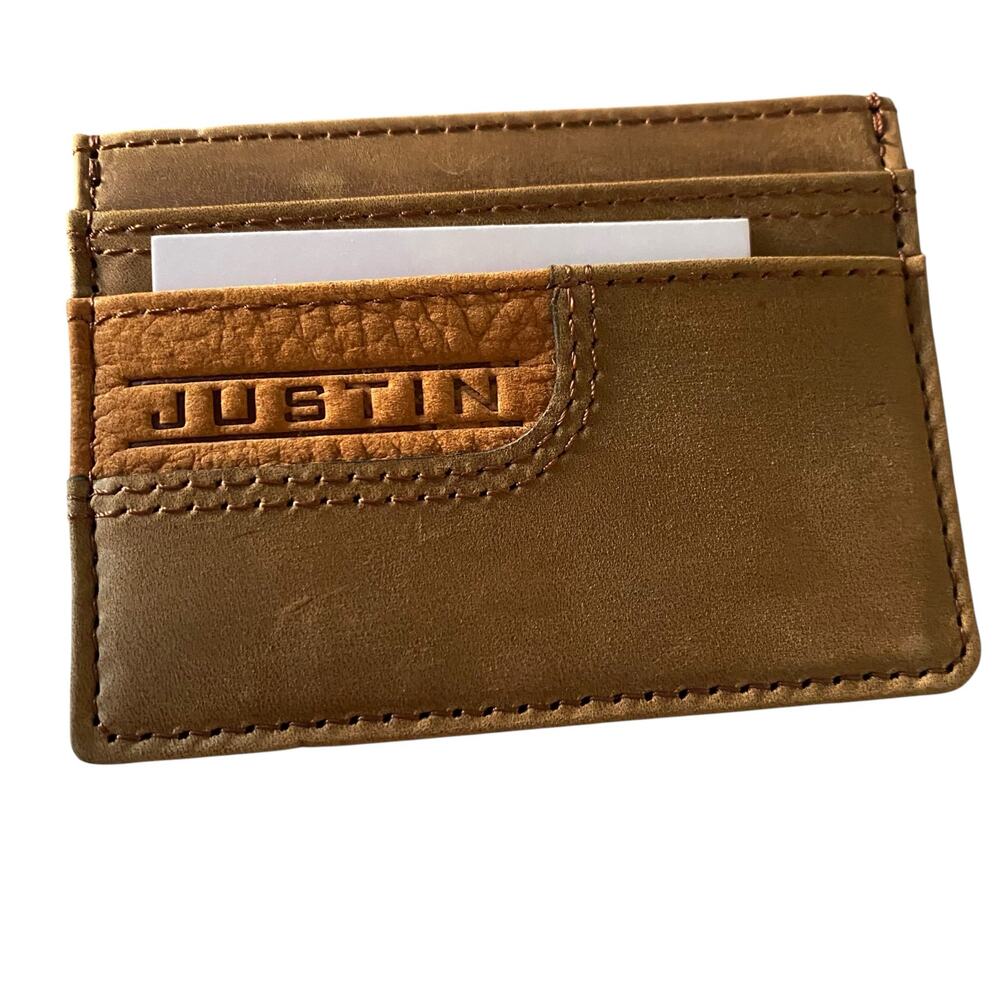 NWT Men's Justin Two Tone Chestnut Genuine Leather Card Wallet w/ Embossed Logo